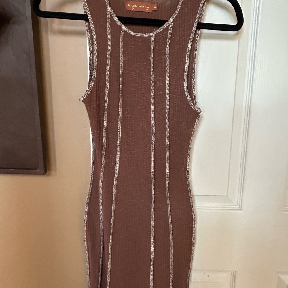 Brown Midi Dress with White Stitching